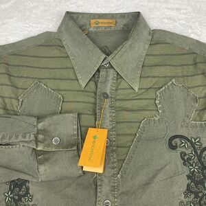 Apricottree Mens XL Army Green Stretch Embroidered Casual Button Up Shirt NWT